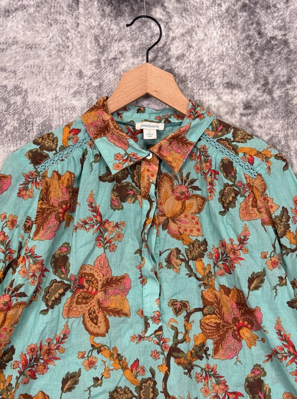 Sundance Cotton Tunic Top Large Womens Blue Green Floral Button Blouse Shirt